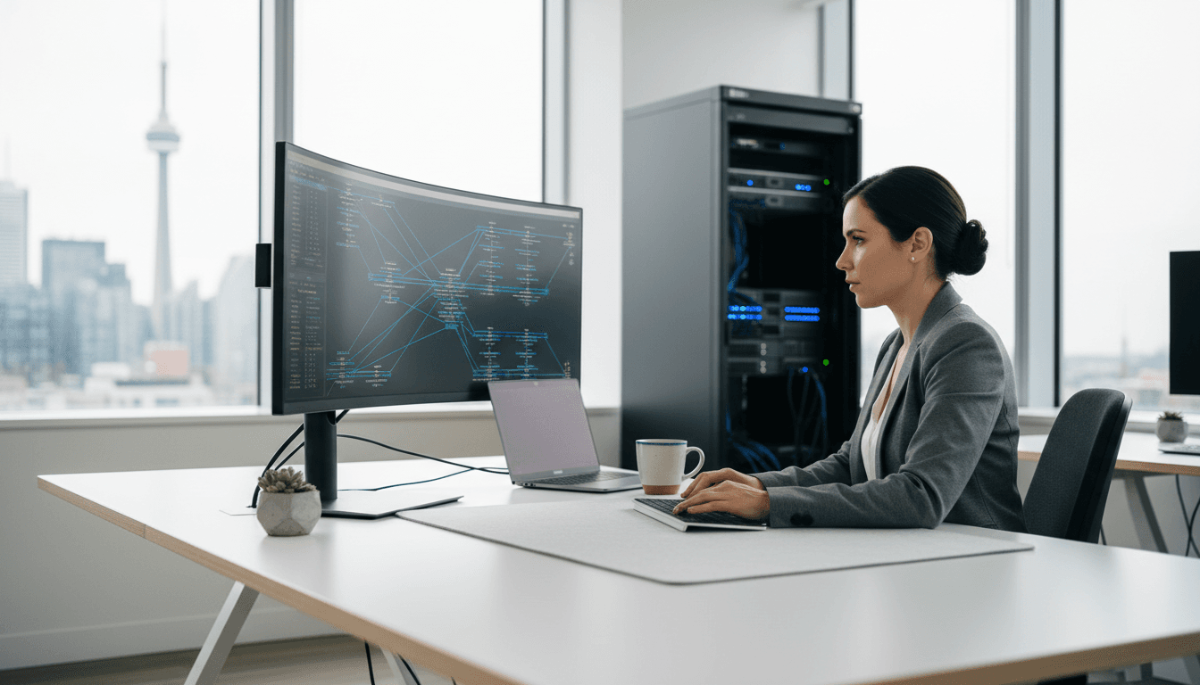 IT consultant workspace with network diagrams on a monitor