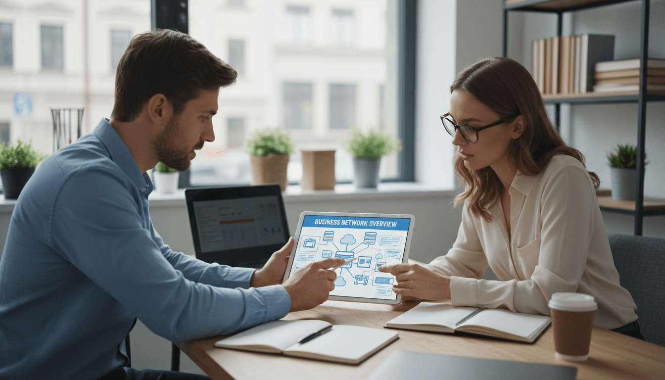 IT consultant reviewing a network plan with a business owner at a desk