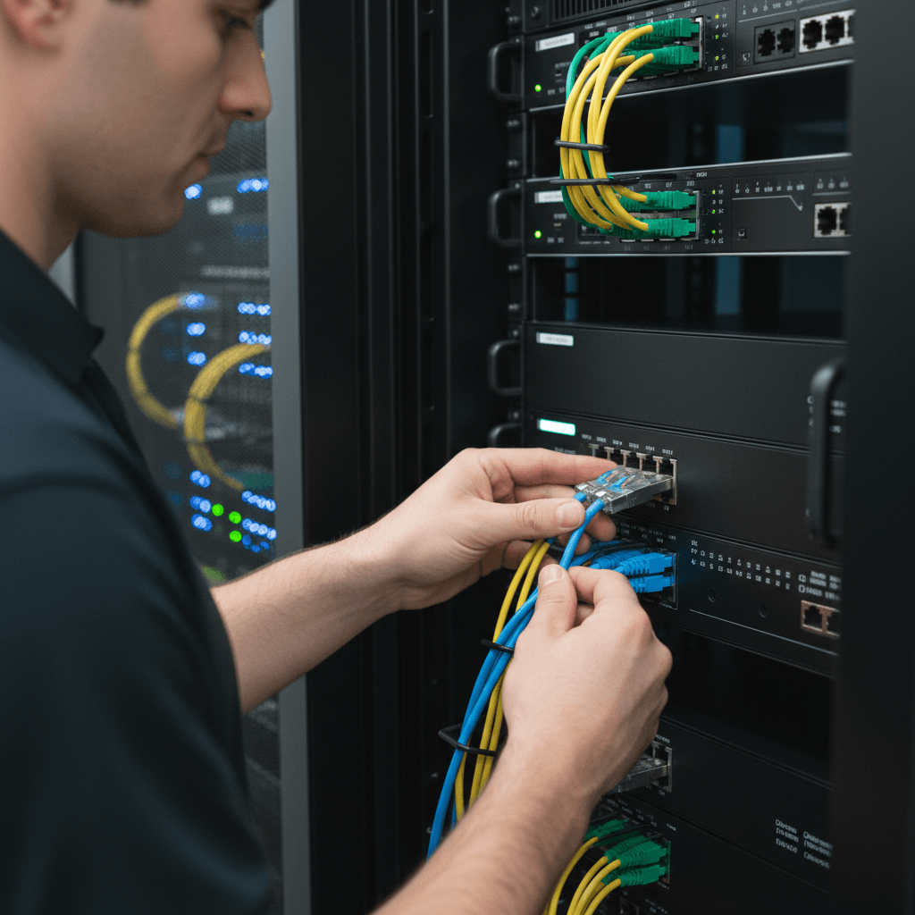 Neatly organized server rack with labeled cables in an office wiring closet