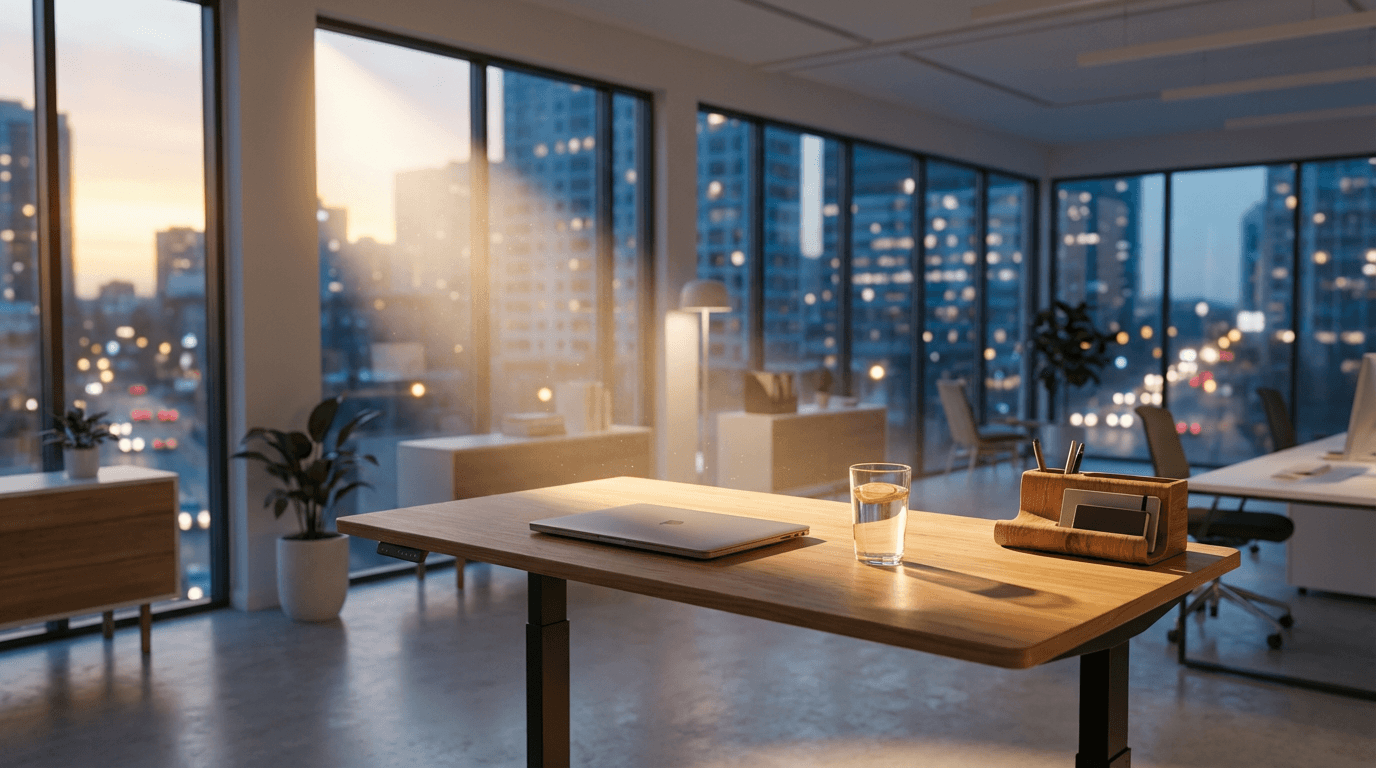 Business owner walking into a warmly lit Toronto office at dusk