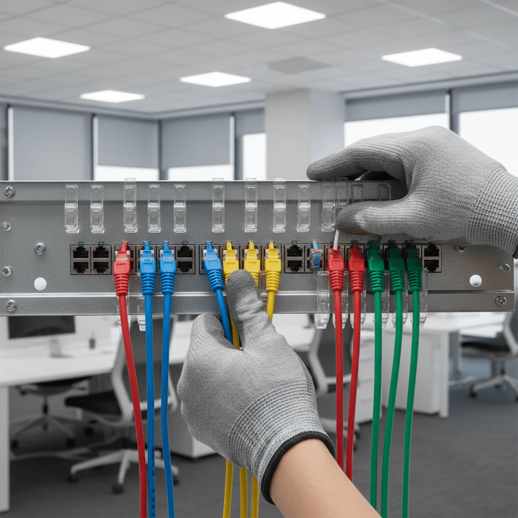 Technician terminating and testing a network cable during office setup