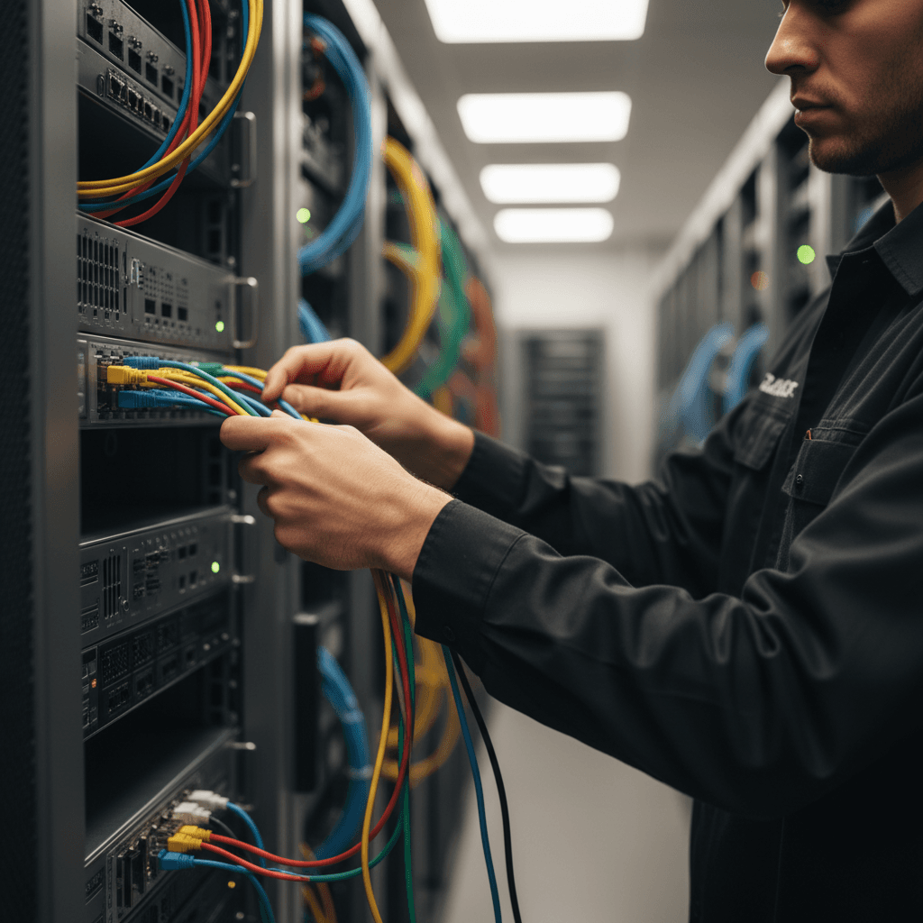 IT consultant inspecting a server rack in a Toronto office