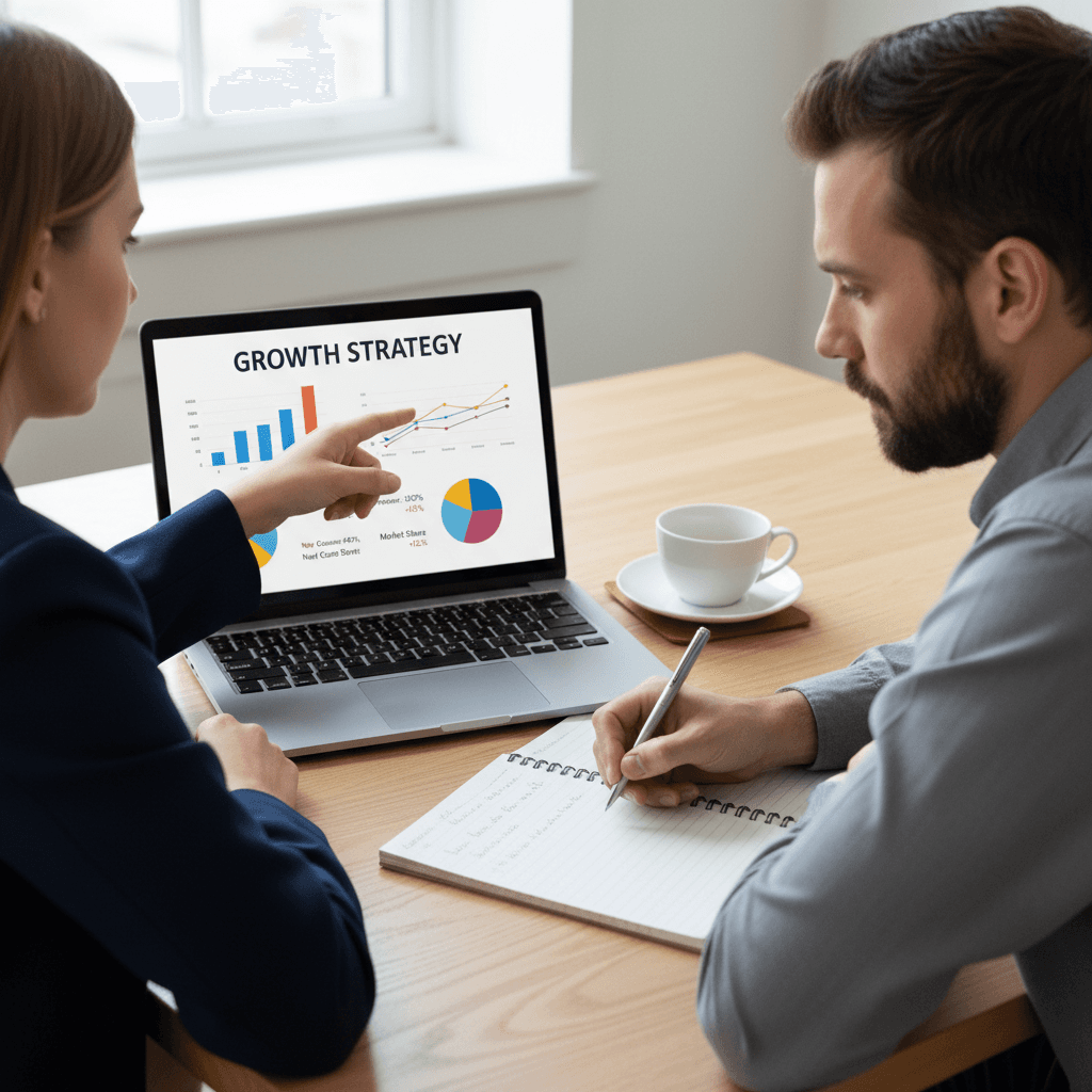 IT consultant talking with a business owner across a table with an open laptop