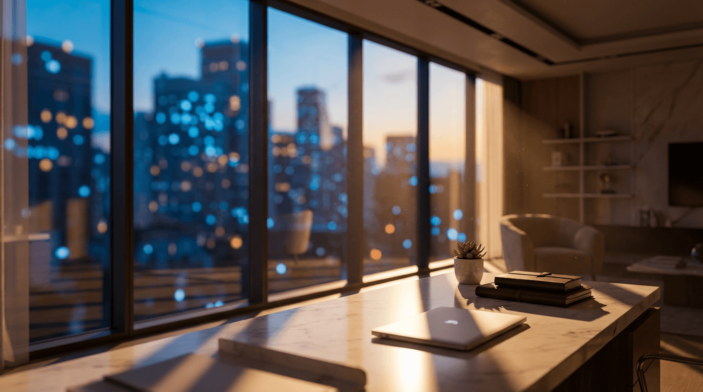 IT consultant reviewing plans in a dim Toronto office with city lights behind