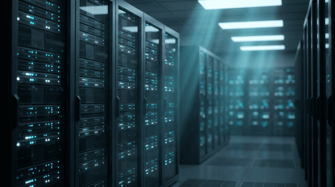 Server room with equipment racks and soft indicator lights