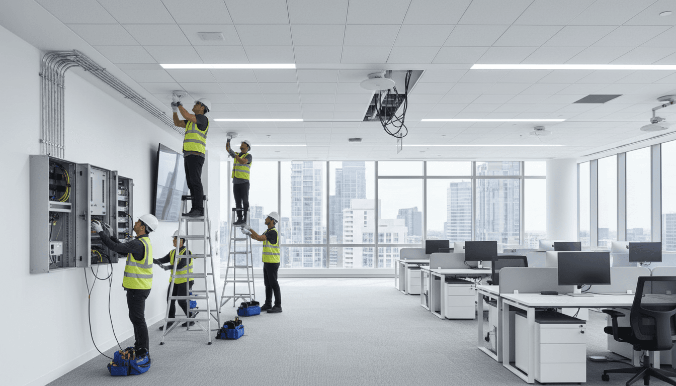 Structured cabling routed through ceiling trays in a Toronto office
